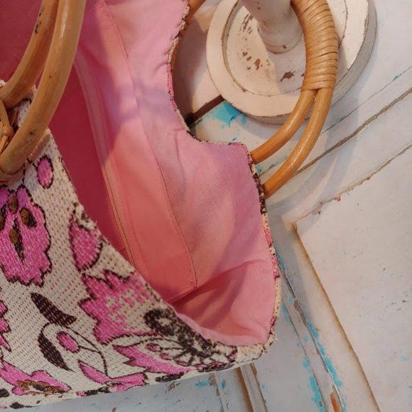 *no tag VINTAGE style purse handbag w burlap texture rattan handle pink & cream - Picture 12 of 16